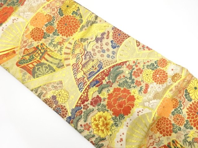 JAPANESE KIMONO / ANTIQUE GOSHOGURUMA / CRANE PATTERN FAN WOVEN MARU O